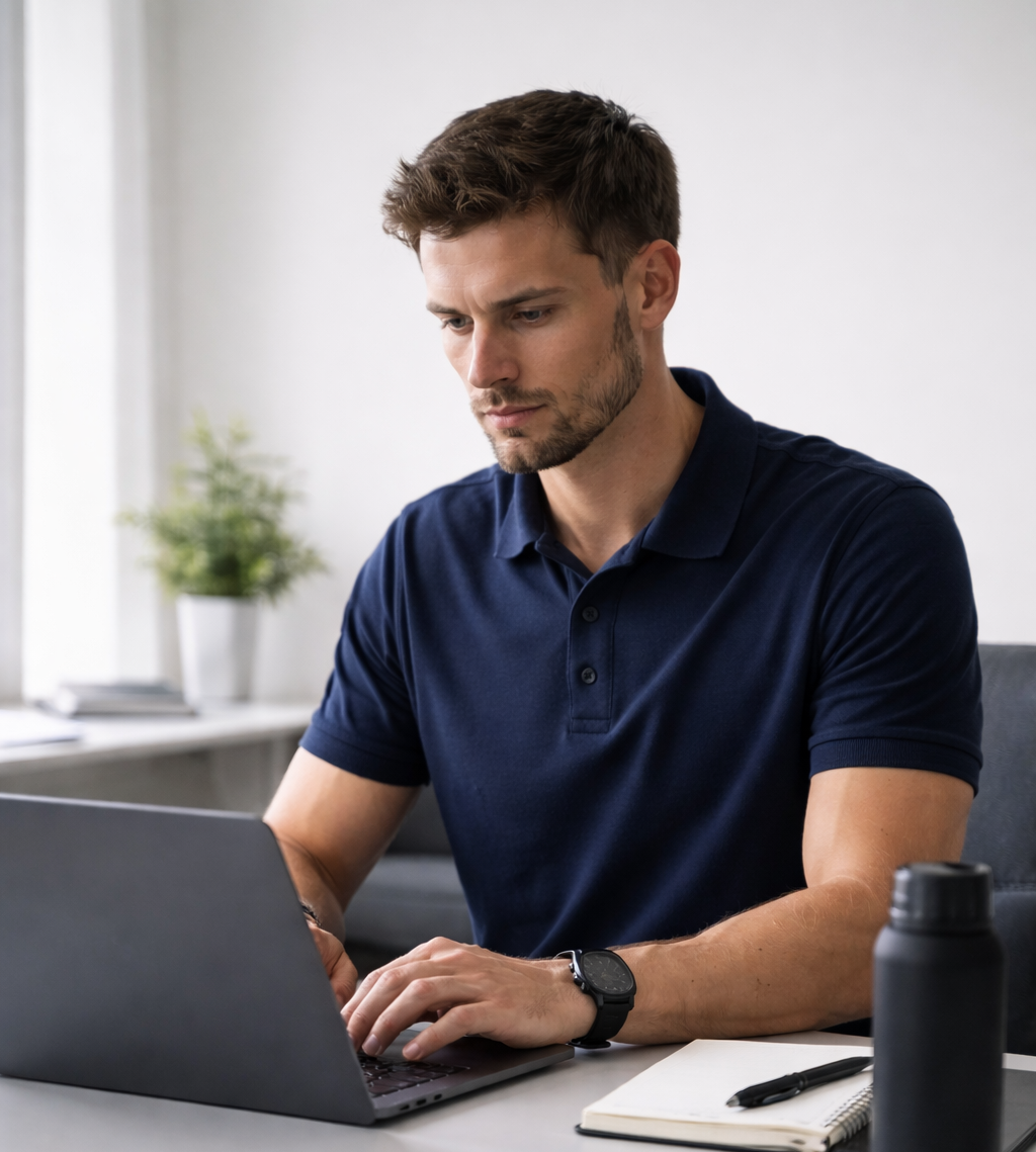 Man using a laptop at a desk with a notebook and water bottle nearby.